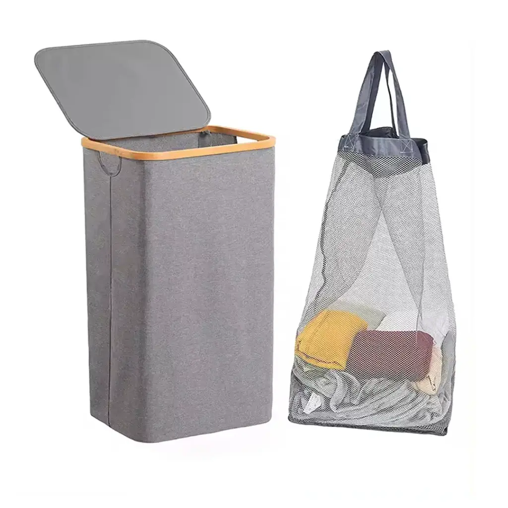 سلة غسيل قابلة للطي مع غطاء وإطار من الخيزران