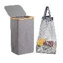 سلة غسيل قابلة للطي مع غطاء وإطار من الخيزران