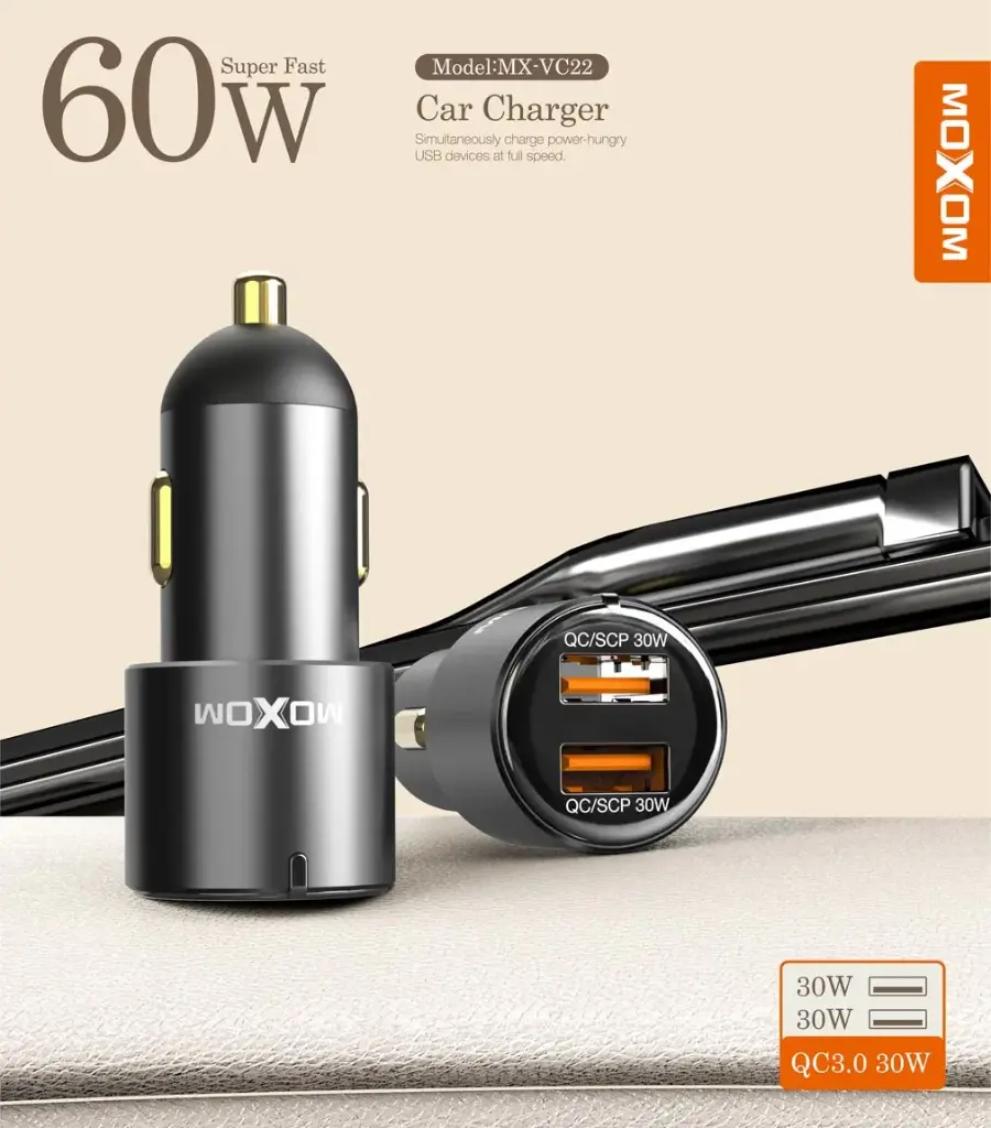 Moxom MX-VC22 Car Charger (60W) (2 USB Ports) Supports Ultra-Fast 