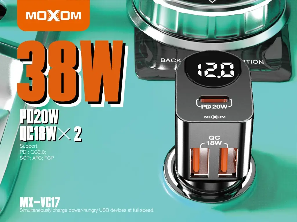 Moxom MX-VC17 Car Charger (38W) Digital Display (2 USB Ports + PD Port)