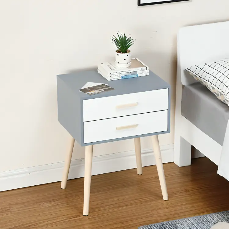 Gray Rectangular Bedside Table with 2 White Drawers 