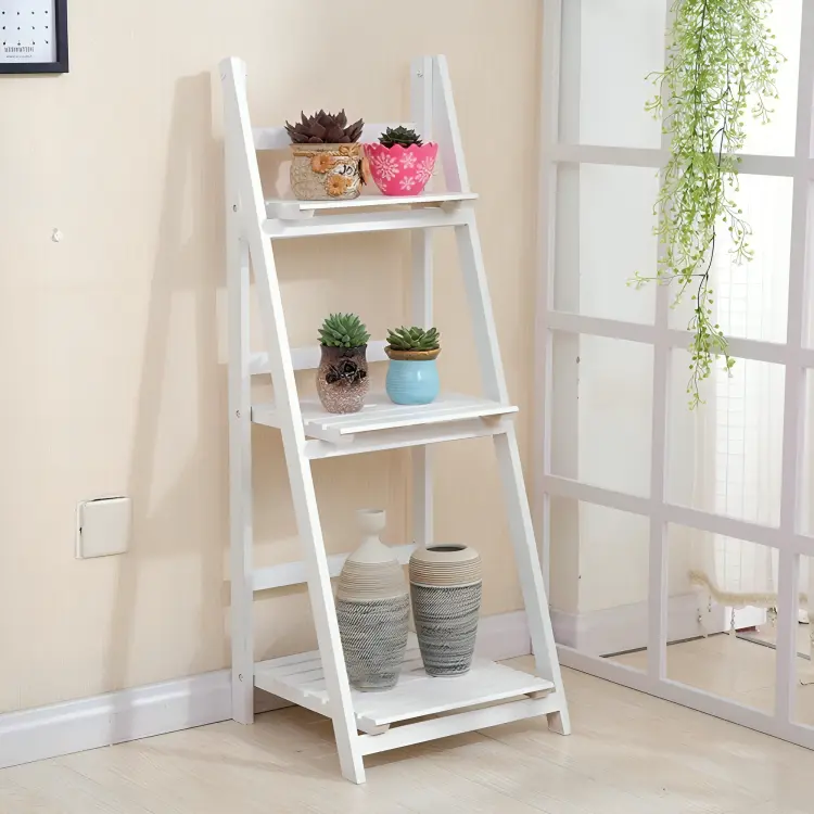 Foldable Decorative Wall-Leaning Ladder Shelves (White) 