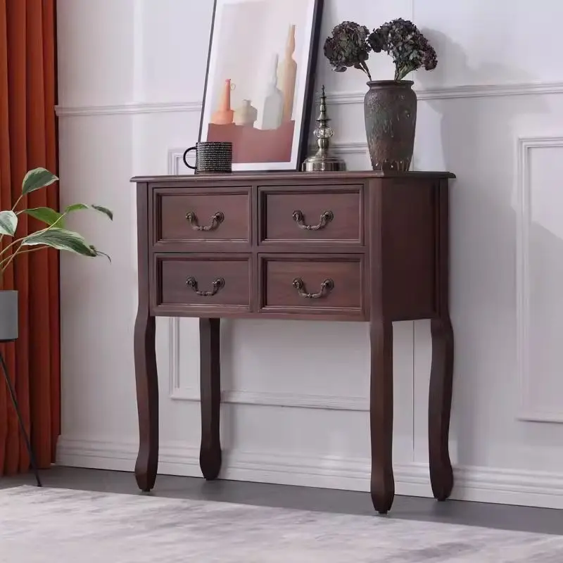 Modern Solid Wood Console Table with Storage Drawers (Dark) 