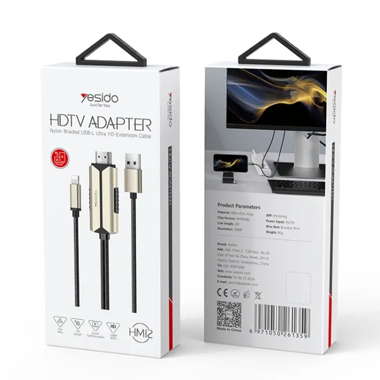 Yesido HDTV Adapter Nylon Braided USB-L Ultra HD Extension Cable HM12