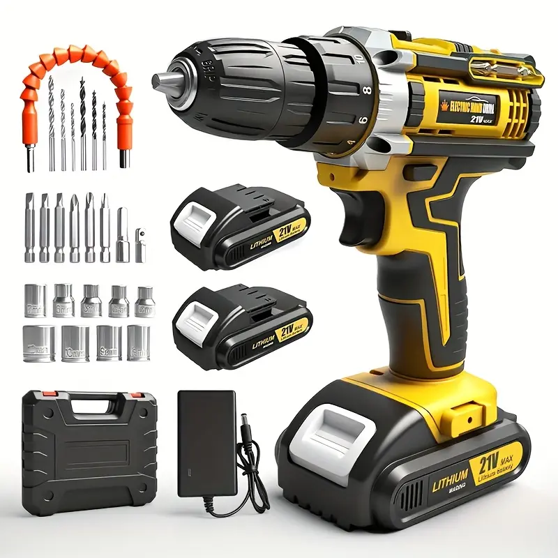 Professional Cordless Power Tool Set With Yellow & Black Drill, Impact Driver