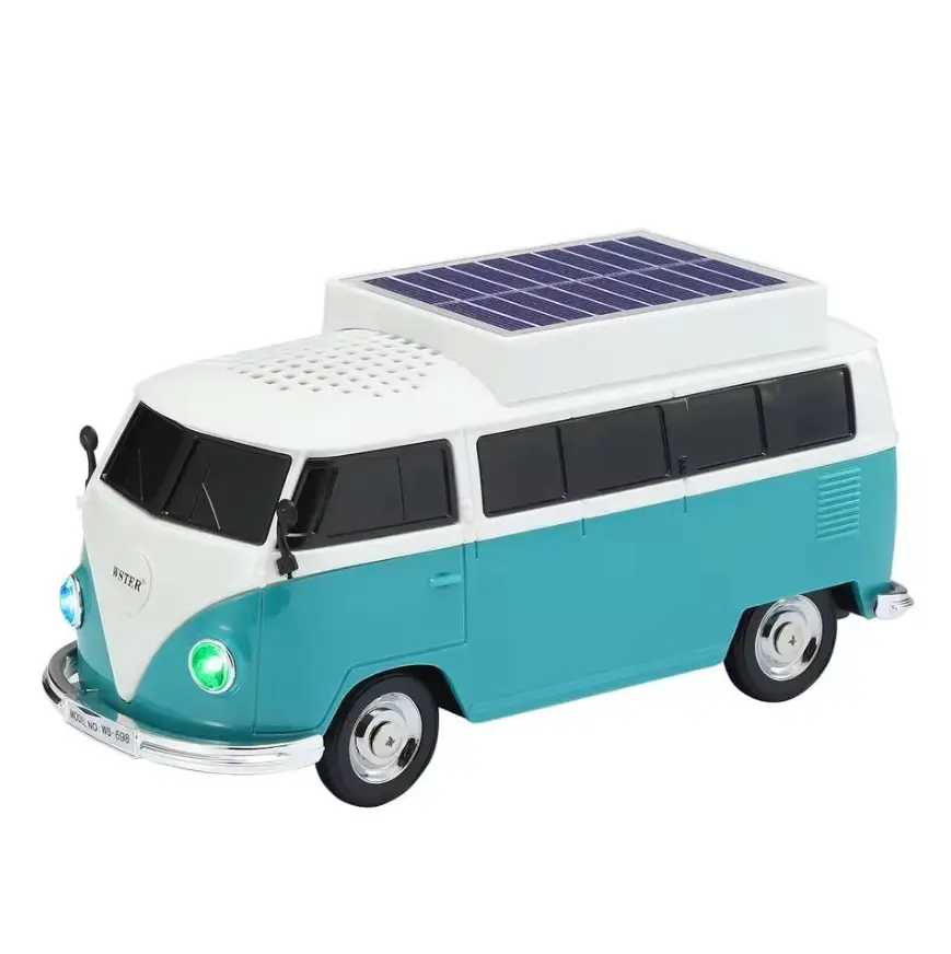 Solar Bluetooth Speaker – 5W Mini-Bus Design | Stereo Sound, FM Radio, TF Card, LED Lights, 1200mAh Battery