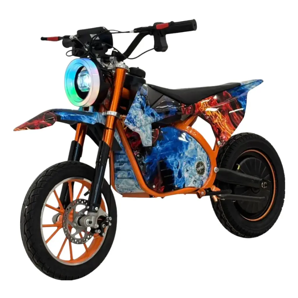 Kids Electric Dirt Bike – LED Headlight, Flame Design & Disc Brakes (Ages 7–14)