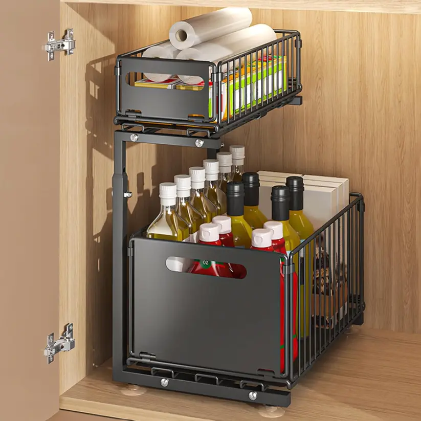 Under-Sink Sliding Storage Organizer – 2-Tier Basket Drawer (26.5 × 38 × 48.5 cm)