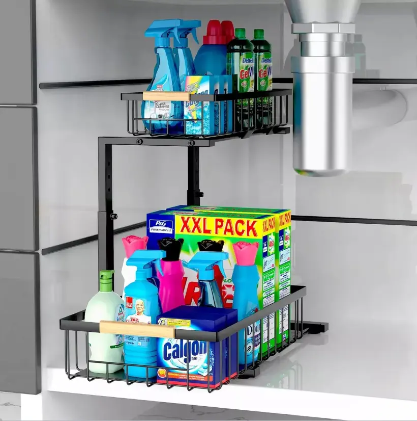 2-Level Under-Sink Organizer – Adjustable Carbon Steel Storage Rack