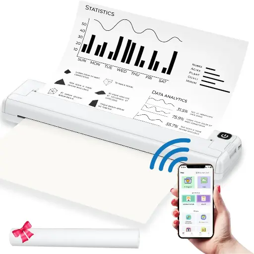 [1350] Portable Thermal Printer Wireless for Travel, Inkless Compact Printer A4
