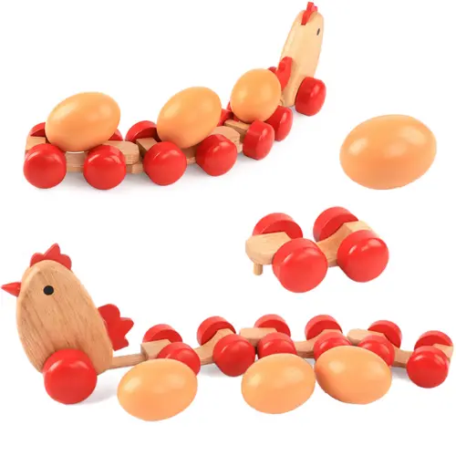 [7069] Wooden Pull Along Toy Chicken With 3 Eggs