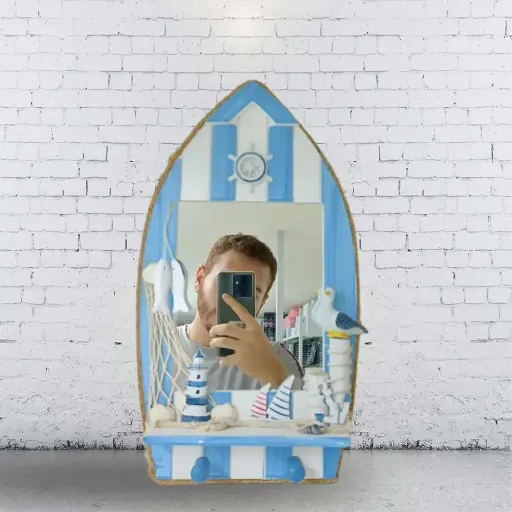 [7170] Beach Theme Wall Mount Mirror With Hooks