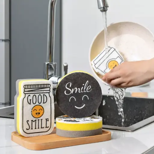 [5747] 4PCS Cartoon Smiley Face Thick Sponge Kitchen Cleaner