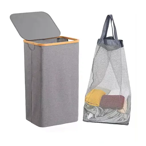 [7423] Foldable Laundry Basket with Lid and Bamboo Frame 
