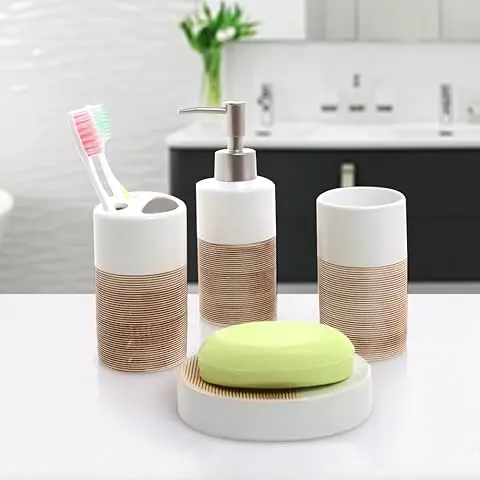 [11171] Bathroom Set Ceramic of 4 Modern White And Brown