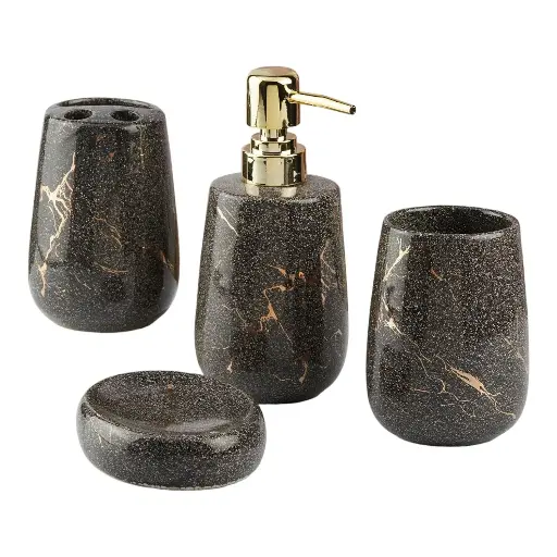 [11172] Bathroom Set Ceramic Set of 4 Black & Gold