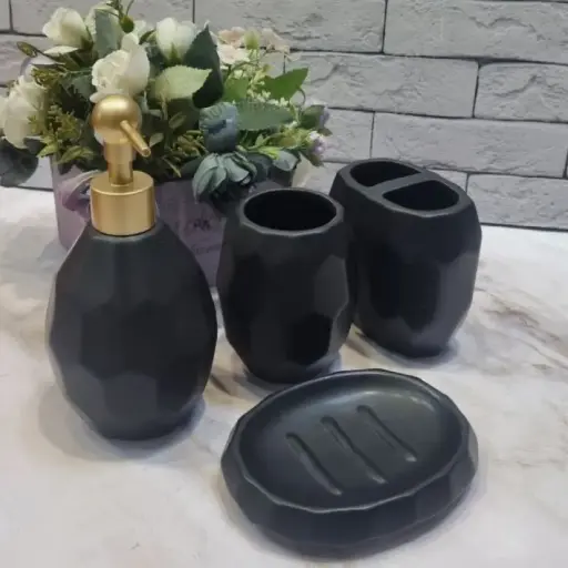 [11169-black] Bathroom Set of 4 Ceramic Black