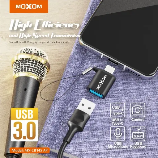 محول كابل شحن MOXOM MX-CB145 AP USB أنثى إلى كابل Type C OTG