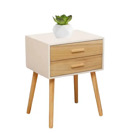 [7633] White Rectangular Bedside Table with 2 Wood Drawers 