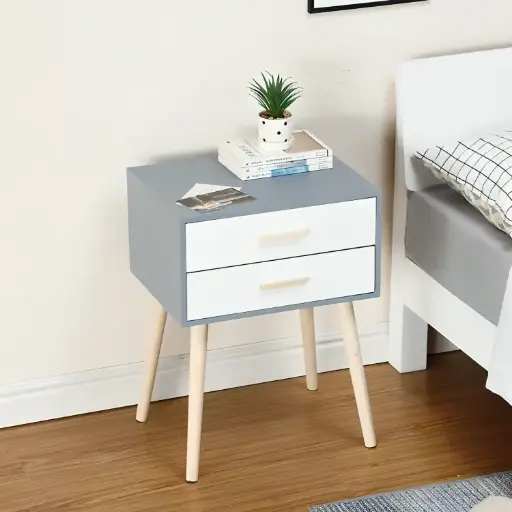 [7634] Gray Rectangular Bedside Table with 2 White Drawers 