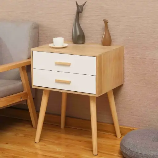 [7635] Wood Rectangular Bedside Table with 2 White Drawers 