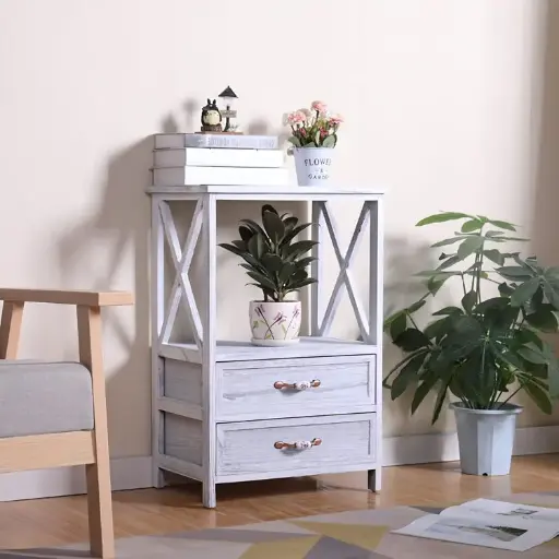 [7637] Bedside Storage Table with Shelf and 2 Drawers (Gray) 