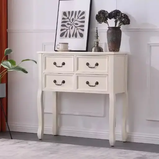 [7649] Modern Solid Wood Console Table with Storage Drawers (White)