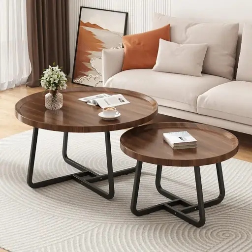 [7660] Set Of 2 Round Coffee Tables with Metal Legs (Medium) 