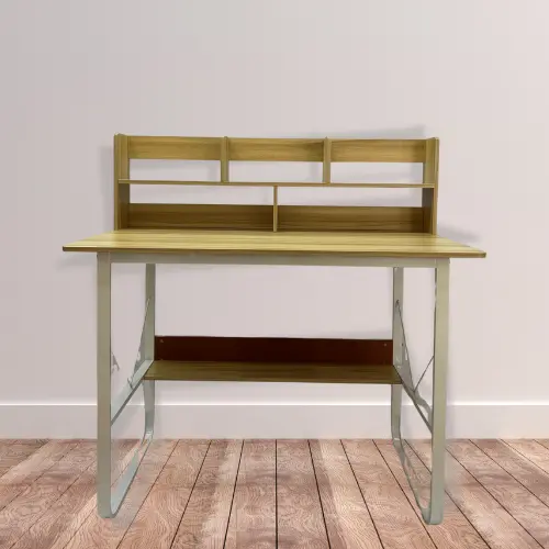 Computer desk with integrated bookshelf 