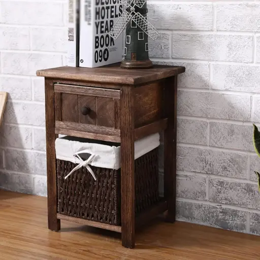 Vintage Wooden Cabinet with Woven Basket 7601