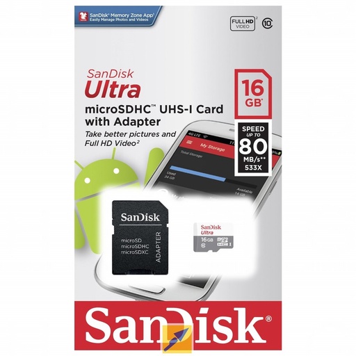 بطاقة ذاكرة SanDisk Ultra Micro مع محول سعة 16 جيجابايت