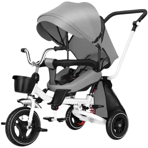 [977-14-grey] Tricycle Children's Car Tricycle with Awned Baby Mode Canopy Guardian Handle 